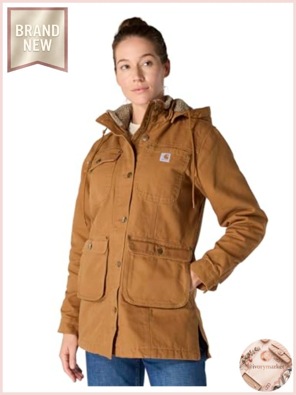 Loose Fit Washed Duck Coat, Quilted Flannel Lining, Sherpa Collar, Zip Front